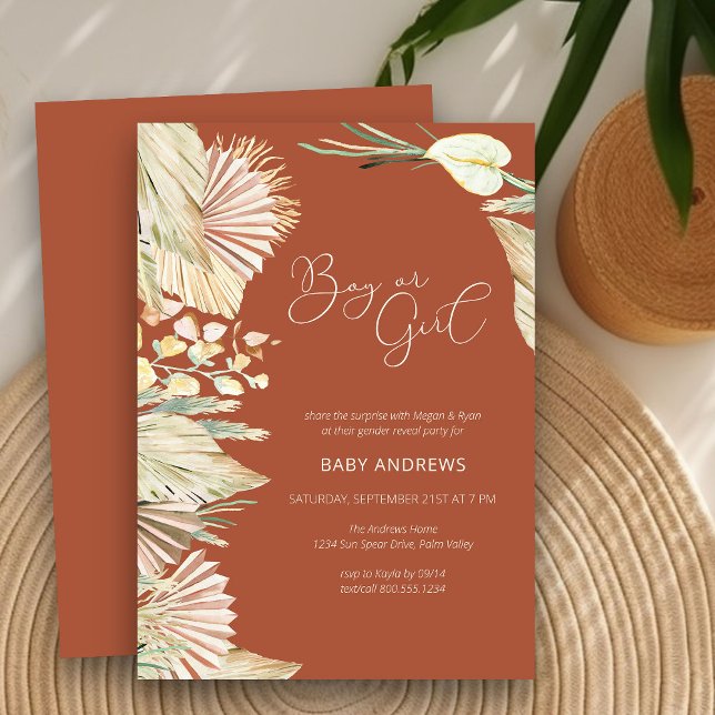 Invitation Terracotta Boho Palm Séché Foliage Révélation de g (Gender Reveal Invitation Card in terracotta with boho palm leaves)
