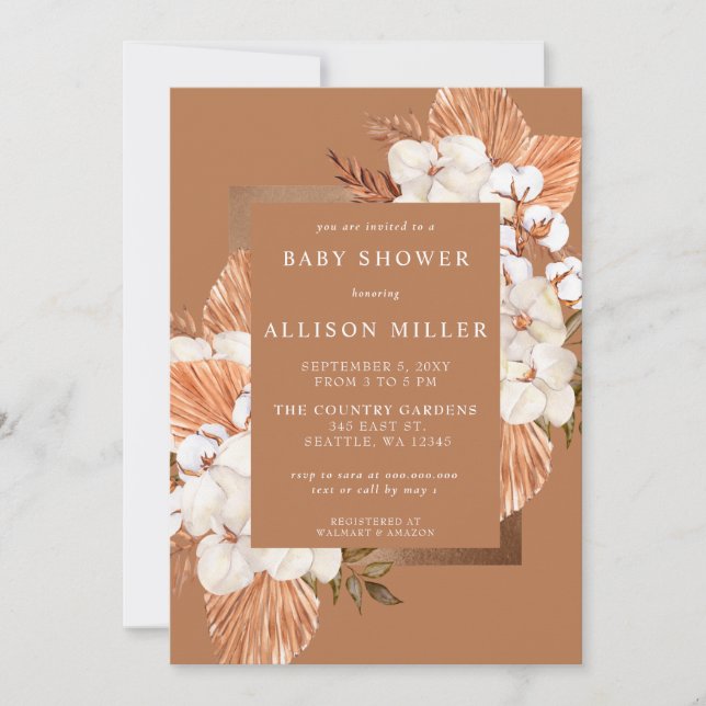 Invitation Terracotta Boho Pampas Baby shower non sexiste (Devant)