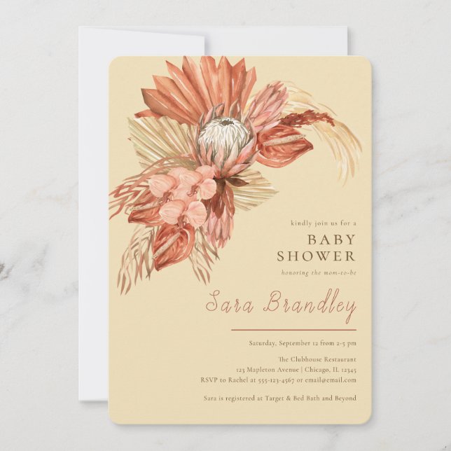 Invitation Terracotta boho pampas herbe protéas Baby shower (Devant)
