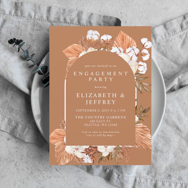Invitation Terracotta Boho Pampas Partie d'engagement Arté (Terracotta Boho Pampas Arched Engagement Party Invitation)