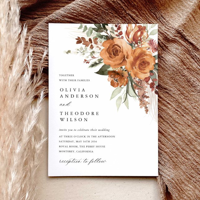 Invitation Terracotta Boho Rose Floral Watercolor Wedding (Terracotta rose floral wedding invitation with pampas accents, bohemian watercolor, modern classic)