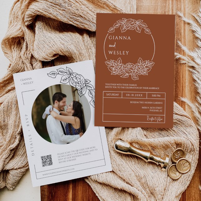 Invitation Terracotta Botanique Line Art Boho QR Code Photo (Créateur téléchargé)