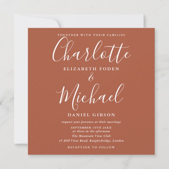 Invitation Terracotta Burnt Orange Élégant Mariage Script (Devant)