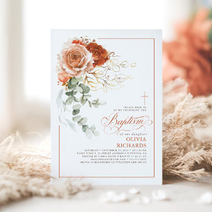 Invitation Terracotta Burnt Orange Eucalyptus Floral Baptême