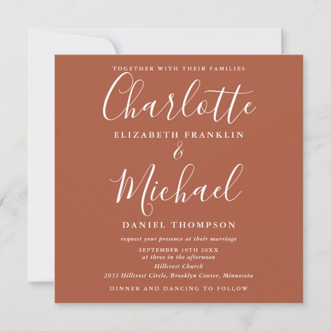 Invitation Terracotta Chic Script Tout En Un Mariage Carré (Devant)