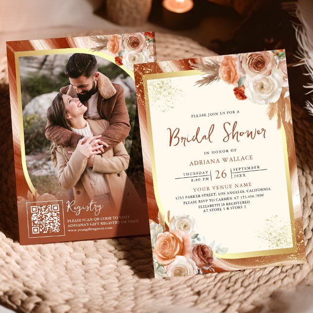 Invitation Terracotta Crème Florale Or QR Code Fête des marié (Créateur téléchargé)