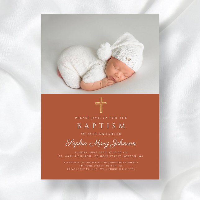 Invitation Terracotta Croix Religieuse Photo Baptême (Terracotta Religious Cross Photo Baptism Invitation)