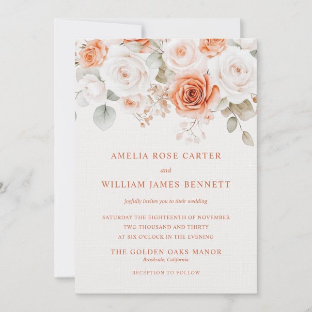 Invitation Terracotta Elegant Champagne Floral Rose Mariage (Devant)