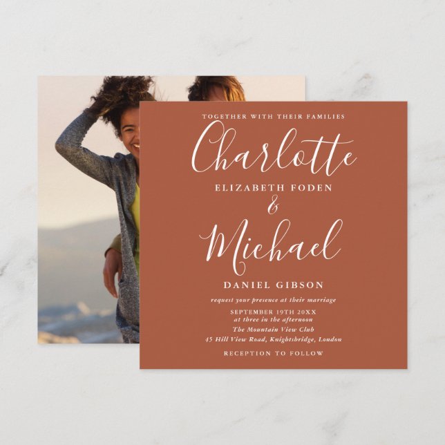 Invitation Terracotta Élégant Script Mariage Photo (Devant / Derrière)