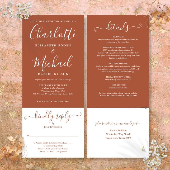 Invitation Terracotta Elegant Script Tout en Un Mariage  (Terracotta Elegant Script All In One Wedding Invitation)