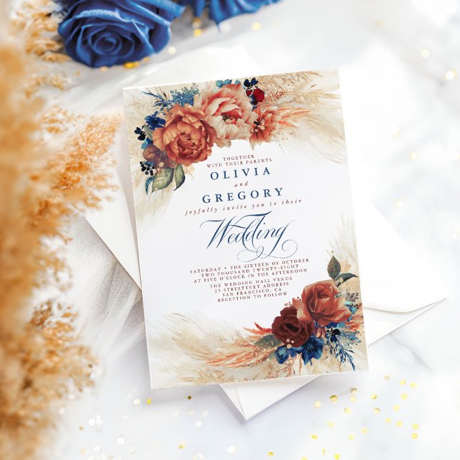Invitation Terracotta et Marine Bleu Floral Mariage élégant (Boho Navy Blue and Terracotta Wedding Invitations)