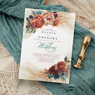 Invitation Terracotta et Turquoise Floral Elegant Boho Mariag
