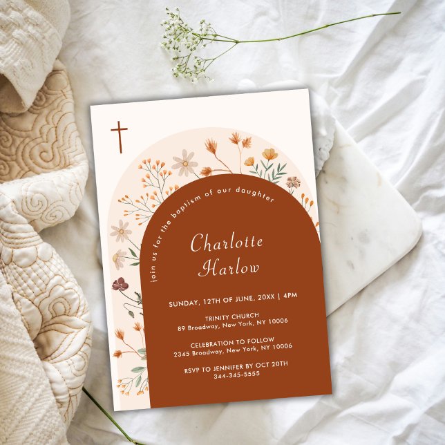 Invitation Terracotta Fall Boho Fleur sauvage Arc Croix Baptê (Terracotta Fall Boho Wildflower Arch Cross Baptism Invitation)
