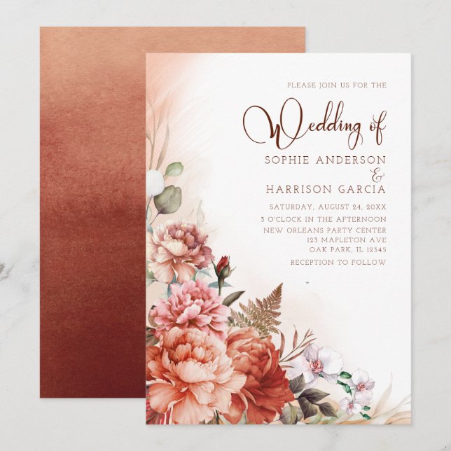 Invitation Terracotta Fall Floral Bural Orange Boho Mariage (Devant / Derrière)