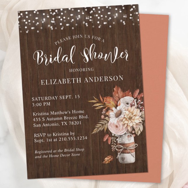 Invitation Terracotta Fall Floral Mason Jar Fête des mariées (An elegant and rustic Autumn bridal shower invitation, featuring a mason jar filled with flowers.)