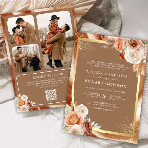 Invitation Terracotta Floral Beige Gold Photo QR Code Mariage