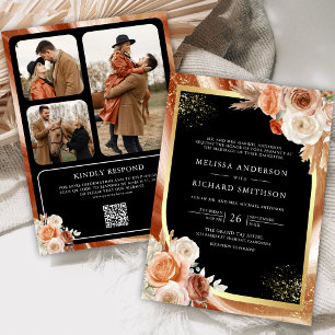 Invitation Terracotta Floral Black Gold Photo QR Code Mariage