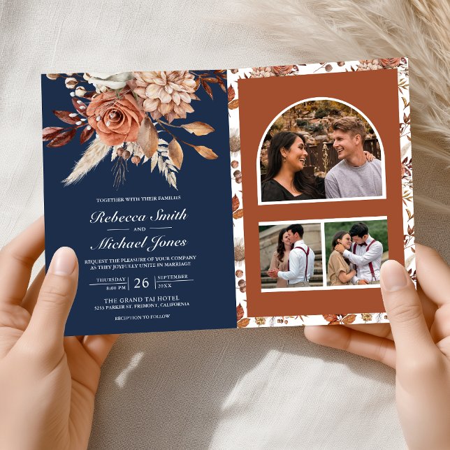 Invitation Terracotta Floral Bleu de Nuit Code QR Mariage (Créateur téléchargé)