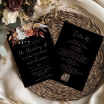 Invitation Terracotta Floral Boho Black All In One Wedding<br><div class="desc">Capture a bohemian and elegant vibe with this striking all-in-one wedding invitation design. The front features a dramatic black background topped with a gorgeous cluster of fall watercolor florals and pampas grass in rich rust, terracotta, and ivory tones. The reverse side maintains this sophisticated contrast, utilizing a beautiful rose gold...</div>