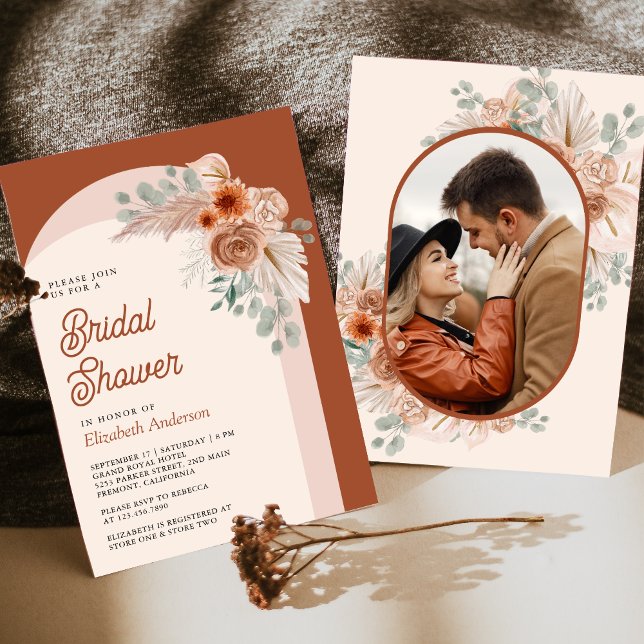 Invitation Terracotta Floral Boho Pampas Fête des mariées pho (Créateur téléchargé)