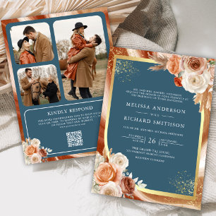 Invitation Terracotta Floral Dusty Blue Photo QR Code Mariage