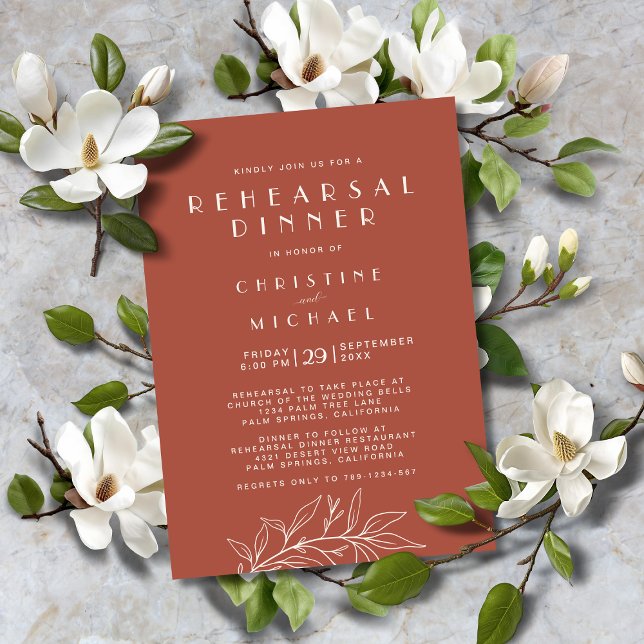 Invitation Terracotta Floral Élégant Formel Mariage Répétitio (Terracotta Floral Elegant Formal Wedding Rehearsal Dinner Invitation with Magnolia Leaves Line Art.)