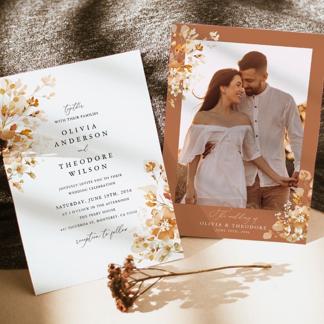 Invitation Terracotta Floral Elegant Photo Back Wedding (Terracotta elegant floral wedding invitation photo back with framed couple portrait and gold accents)