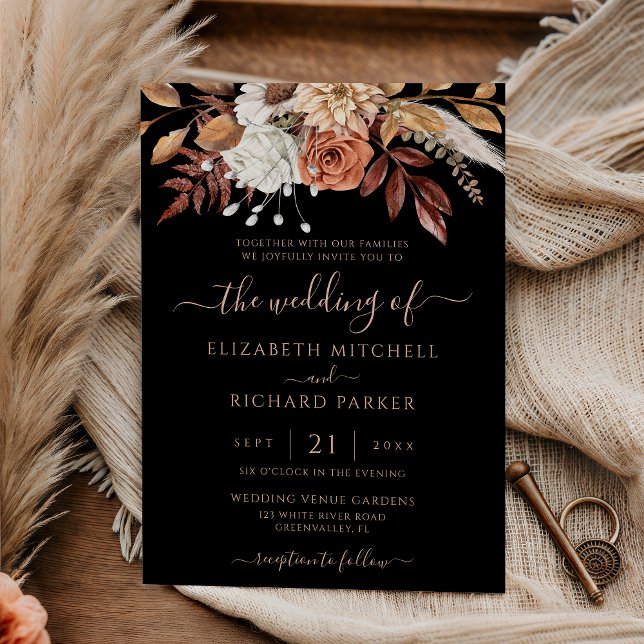 Invitation Terracotta Floral Fall Foliage Moody Black Wedding (Créateur téléchargé)