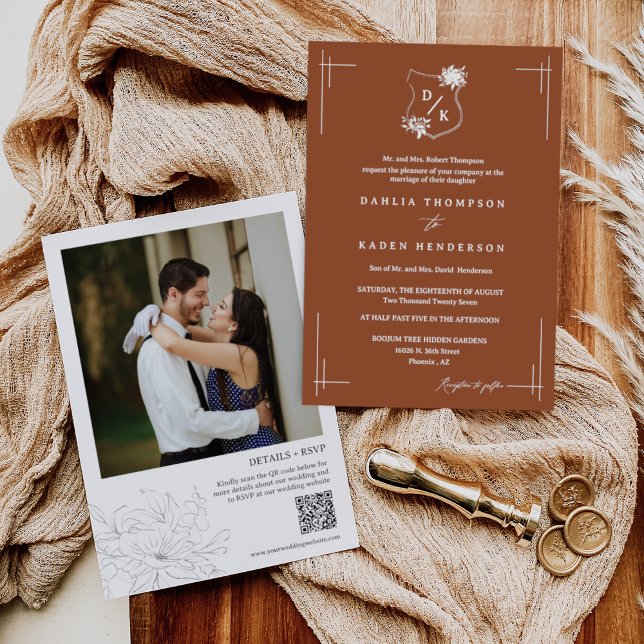 Invitation Terracotta Floral Mariage Crest Boho QR Code Photo (Créateur téléchargé)