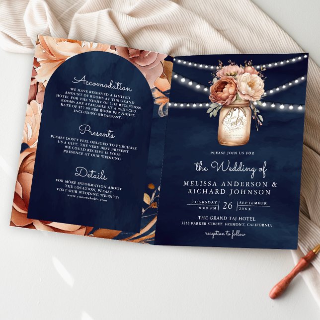 Invitation Terracotta Floral Mason Jar Navy QR Code Wedding (Créateur téléchargé)