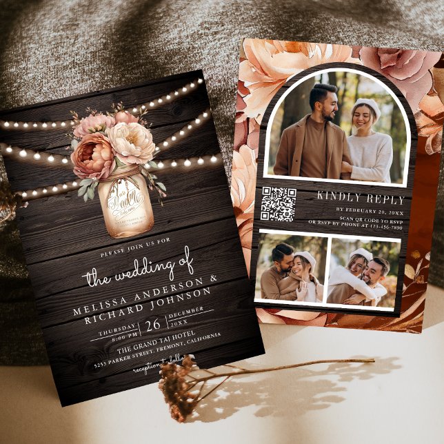 Invitation Terracotta Floral Mason Jar Wood QR Code Mariage (Créateur téléchargé)