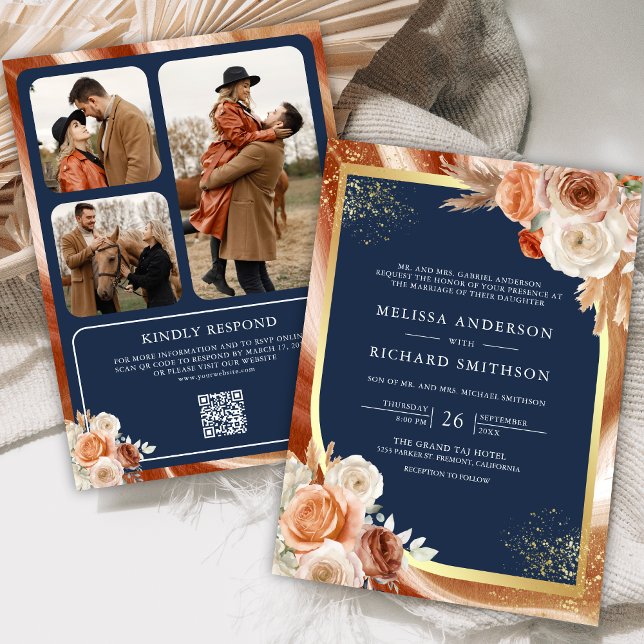 Invitation Terracotta Floral Navy Bleu Photo QR Code Mariage (Créateur téléchargé)