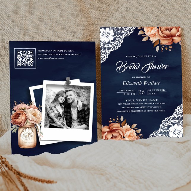 Invitation Terracotta Floral Navy Photo QR Code Fête des mari (Créateur téléchargé)