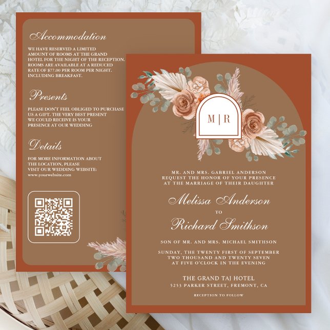Invitation Terracotta Floral Pampas Beige Tan QR Code Wedding (Créateur téléchargé)