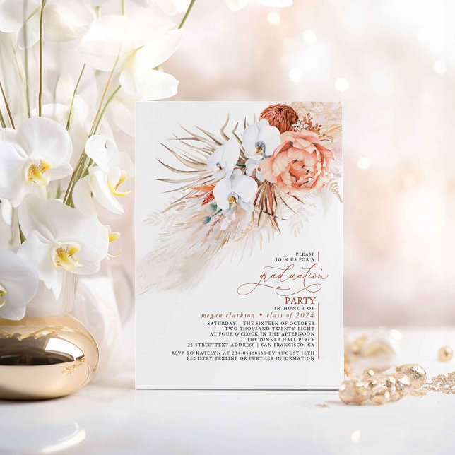 Invitation Terracotta Floral Pampas Graduation Party (Graduation Invitations with White Orchids and Terracotta Foliage)