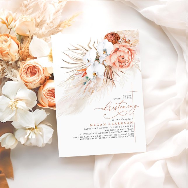 Invitation Terracotta Floral Pampas Grass Moderne Christine (Terracotta Boho Floral Christening Invitations)