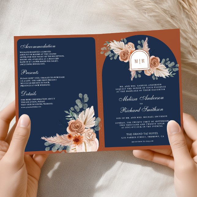 Invitation Terracotta Floral Pampas Navy Blue QR Code Wedding (Créateur téléchargé)