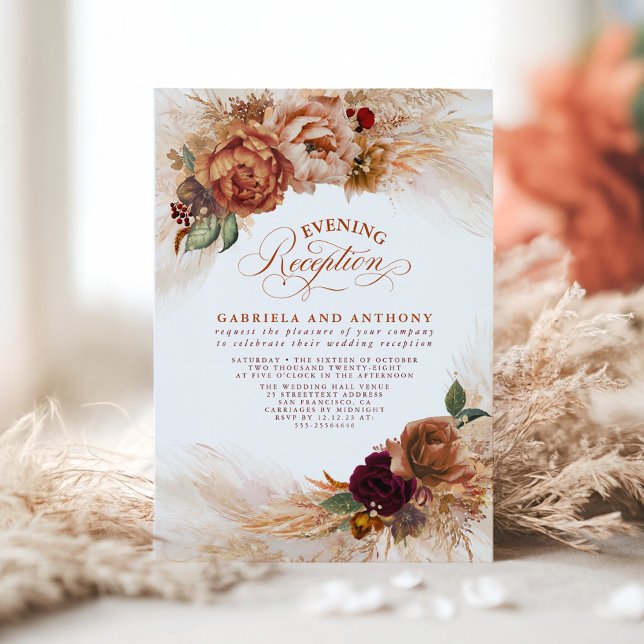 Invitation Terracotta Floral Pampas Réception Soirée En Herbe (Terracotta Floral Fall Wedding Evening Reception Invitations)