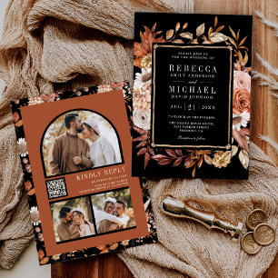 Invitation Terracotta Floral Photo QR Code Mariage noir