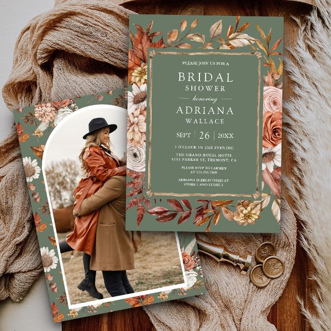 Invitation Terracotta Floral Photo Sage Fête des mariées vert (Créateur téléchargé)