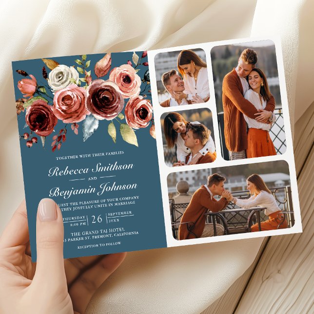 Invitation Terracotta Floral QR Code Dusty Blue Wedding (Créateur téléchargé)