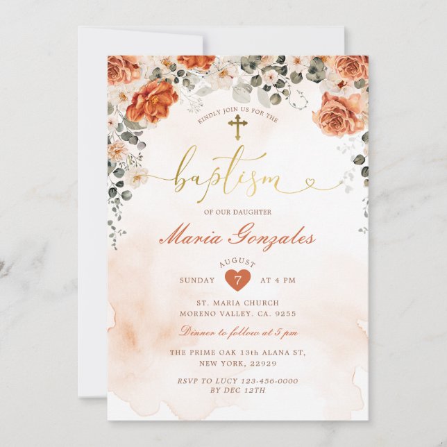 Invitation Terracotta Florals Fille Christening Gold Baptême (Devant)
