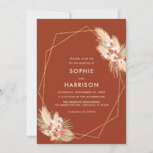 Invitation Terracotta Géométrique Boho Pampas Mariage