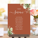 Invitation Terracotta Green Seating Plan Numéro de tableau<br><div class="desc">Ces élégants numéros de table de mariage feuille en terre cuite peuvent être personnalisés avec le plan de séjour de vos invités dans la typographie chic. Les cartes sont imprimées à l'avant et à l'arrière (recto double). Conçu par Thisisnotme©</div>