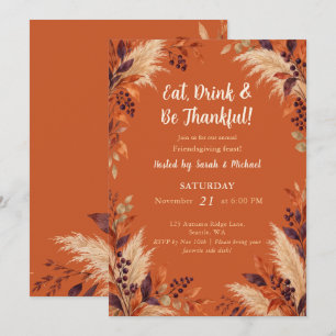 Invitation Terracotta Herbe des Pampas Fleurs Friendsgiving