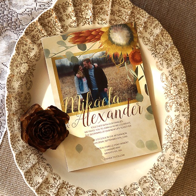 Invitation Terracotta King Proteas Eucalyptus Green Fall (Fall Wedding Invitation with Gold Photo Frame and Orange, Gold, Sage Green Fall Plants)