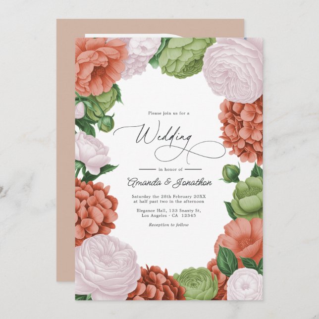 Invitation Terracotta Light Peach Olive Green Floral Wedding (Devant / Derrière)