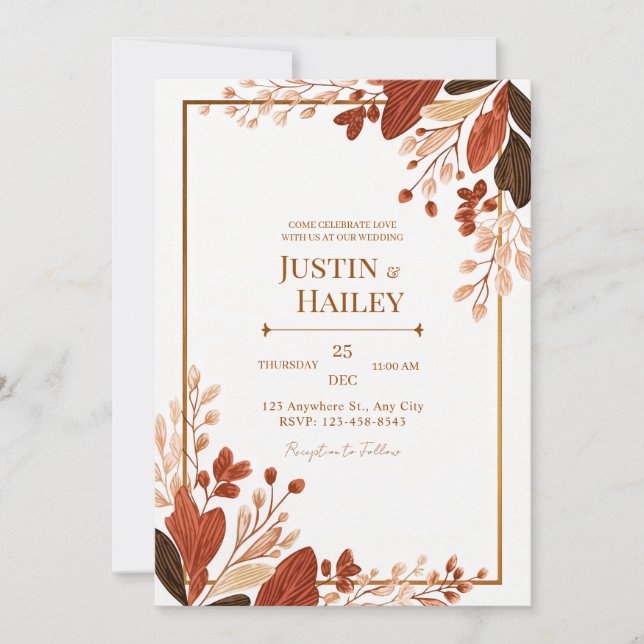 Invitation Terracotta Ligne Feuille Botanique Dorée Mariage (Devant)