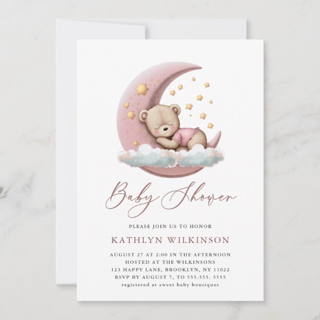 Invitation Terracotta Lune rose Teddy ours Baby shower fille (Devant)