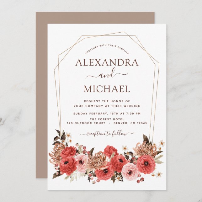 Invitation Terracotta Mariage de automne Floral Automne (Devant / Derrière)